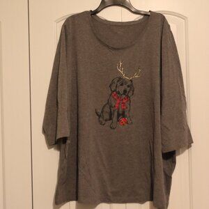 Catherines Grey Tee Christmas Dog Graphic Plus Size 3X (26/28W) Casual Holiday